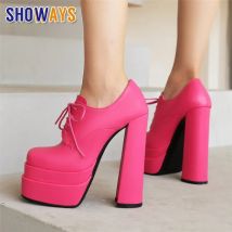 Frühling Herbst Frauen Plattform Pumpen Rosy Schwarz Mikrofaser Hohe Chunky Heels Derby Party Kleid Dame Retro Spitze-up Karree brogues