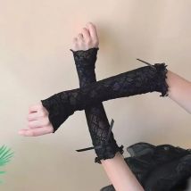 Lace Ruffle Y2k Gloves Fingerless Gloves Mittens JK Lolita Kawaii Women Mesh Fishnet Bowknot Black White Gloves