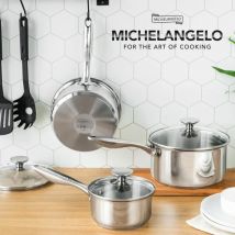 MICHELANGELO 3-teiliger Edelstahl-Eintopf mit Deckel, Stahlgriff, Saucentopf, Induktions-Eintopf, flaches Pfannenset, kompatibel mit Herd