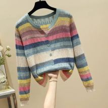 Blau gestreifter Regenbogen-V-Ausschnitt, gestrickt, lässig, schick, langärmelig, Damen-Strickjacke, einreihiger Pullover für Damen, Kleidung 2025,