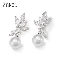 ZAKOL Korea Classic Imitation Pearls Drop Earrings for Women Fashion Cubic Zirconia Leaf Dangle Earring Bridal Wedding Jewelry