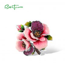 SANTUZZA Brosche aus echtem 925er-Sterlingsilber für Damen, funkelnder Rubin, fantastische blühende Blume, edler Schmuck, Emaille