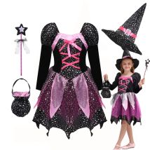 4 pezzi set di vestiti da strega vestito + cappello + bacchetta + borsa ragazze costume da mago di Halloween 2024 trucco per bambini festa Hag strega abbigliamento abiti