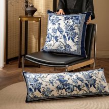 Großer Kissenbezug, blau-weißer Porzellan-Druck, Überwurf-Kissenbezug, quadratischer Samt-Kissenbezug, luxuriöse Designer-Heimdekoration, 65 x 65 cm