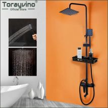 Torayvino Mattschwarzes Badezimmer-Duscharmatur-Set, Wandmontage, Regenduschsystem mit Ablagefach, Badewanne, Mischbatterie, Combo-Set