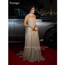 Verngo Brown Shiny Evening Dress Strapless A Line Formal Occasion Dress Elegant Pleated Silk Prom Party Dress Customized