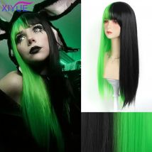XIYUE Synthetische Perücke grün und schwarz Perücke Langes glattes Haar Cosplay Perücke Halloween Perücke Zweifarbige Ombre Farbe Frauen Haarperücken Grün