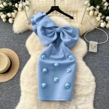 Women Diagonal Collar Vintage Ruffle Sleeve Elegant Butterfly Three-dimensional Floral Slim Dresses Evening High Street Clothing