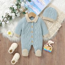 Babyspielanzug Stricken Neugeborenen Jungen Mädchen Overall Langarm Herbst Fuß Wrap Infant Kind Kleidung Hut 2 stücke Mode 0-9M Overalls Warme