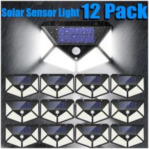 Paquete de 12 luces solares para exteriores, lámpara de pared 100LED con sensor de movimiento 270 °   Iluminación de seguridad gran angular para patio de jardín trasero
