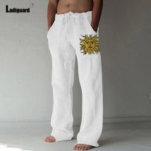 Plus Size 5xl Mens Loose Pants 2025 Summer Casual Linen Pants Male Fashion Print Trouser Men Patchwork Drawstring Leisure Pant