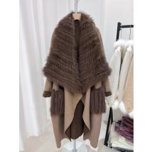 Winter Natürliche Echt Fox Pelz Kragen Langen Mantel Kaschmir Wolle Woolen Pelz Streifen Genäht Toghter Jacke Outwear Damen Weibliche Pelzmantel