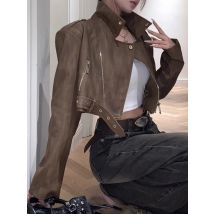 Punk braun verkürzte Lederjacke Frauen Retro unregelmäßigen Reiß verschluss Moto Biker Lederjacke koreanische lässige High Street Kunst pelzmantel