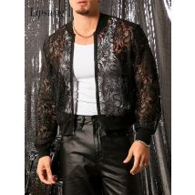 Sexy Transparent Aushöhlen Hemd Herren Trendy Stickerei Spitze Mesh Shirts Herbst Vintage Zipper Langarm männer Crop Jacke
