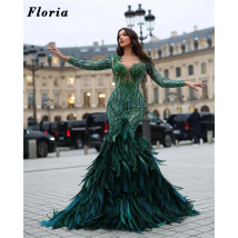 Grüne Meerjungfrau Promi Kleider maßge schneiderte lange Federn Frauen formelle Abendkleid arabische Dubai Perlen Verlobung Party Kleid