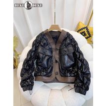 Winter Oberbekleidung Frauen Echtes Leder Jacke V-ausschnitt Einreiher Gepolsterte Kurzen Mantel Mode Mischfarben Schaffell Jacken