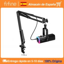 FIFINE-Kit de micrófono para juegos XLR/USB con conector para auriculares/silencio/RGB/soporte de brazo, conjunto de micrófono dinámico para PC PS5/4, mezclador AmpliGame AM8T