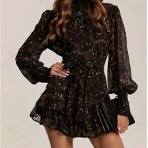Halbhoher Kragen Minikleid Perspektive Langarm Gürtel Blumendruck A-Linie Rüschensaum Damen Kleid Freizeitkleidung