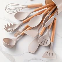 Set da 12 pezzi di utensili da cucina con manico in legno in Silicone multicolore Set di utensili da