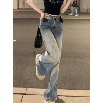 Blaue Damenjeans, hohe Taille, Shot-Denim-Hose für Damen, Hose mit geradem Bein, stilvoll, Großhandel, mittlere Wäsche, Trend 2025, Original