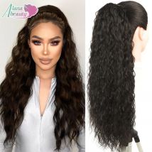 Synthetische lange gewellte Kordelzug-Pferdeschwanzverlängerungen für Frauen, Ombre-Blond, Schwarz, natürliche Wellen-Pferdeschwanz-Clip-in-Haarverlängerung