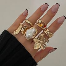Ingemark 2025 Neue Unregelmäßige Übertriebene Metall Blume Offene Ringe Frauen Elegante Barock Imitation Perle Ring Schmuck Zubehör