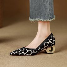 Women's new genuine leather sheepskin leopard print horsehair pointed gold-plated heel spring and autumn high heels work shoes