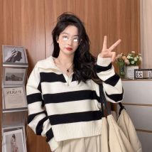 Koreanische Streifen Revers Pullover Frauen Winter halten warm gestrickte Langarm Pullover Frau lose schwarz weiß All-Match Pullover Mujer