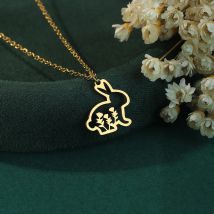 Kinitial Niedlicher Kaninchen-Anhänger aus Edelstahl mit Blumen-Halskette, trendiger Damenschmuck, ideales Valentinstags-Geburtstagsgeschenk