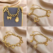 Braccialetti in acciaio inossidabile con catena a forma di stella a forma di cuore chic per donna Uomo Punk intarsiato con strass Ciondoli impermeabili Regali di gioielli