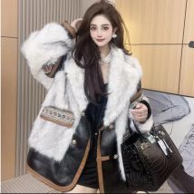 Ethnic Winter Faux Fox Fur PU Splice Coat Turn Down Collar Imitation Mink Fur Faux Leather Jacket Warm Furry Parka Cardigan Tops