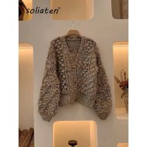 Handgefertigte klobige Strickjacke für Damen, V-Ausschnitt, Vintage-Pullover, Mantel, 2022, Frühling, Herbst, Trend, Blase, Retro-Outwear, Strickwaren-Outfit, C-240