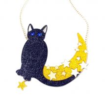 KUGUYS Super Big Black Cat Moon Stars Pendant Necklace for Women Fashion Acrylic Large Sweater Chain Hyperbole Jewelry Acce