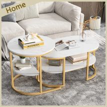Tavolino Lazyspace rotondo in marmo bianco con oro/nero - Tavolo rotondo da soggiorno set di 2 per soggiorno - Diametro 80x52 cm
