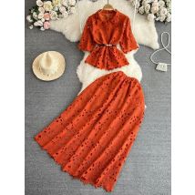 Frauen Sommerkleid setzt Vintage-Stil Kurzarm aushöhlen Einreiher Hemd zweiteilige hohe Taille A-Linie Kleid d3289