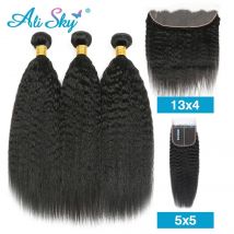 Capelli umani lisci crespi 3 fasci con chiusura 4x4 5x5 lunghi 30 pollici Yaki Bunldes dritti con frontale 13x4 tisage bresilien
