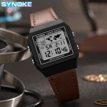 Synoke Leder uhr Outdoor-Sport multifunktion ale wasserdichte Großbild-Display leuchtend LED digital für Männer Retro-Mode