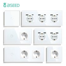 BSEED Touch-Lichtschalter, EU-Standard-Wandsteckdose mit USB Typ-C-Kristallglasscheibe, weiße Farbe, Netzstecker, 1/2/3 Gang-Schalter