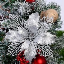 (10 Stück) Künstliche Weihnachtsbaum-Blumen-Glitzer-Dekorationen, Weihnachtsschmuck, Neujahrsgeschenk