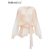 TWOTWINSTYLE Elegante Mini Abito Increspato Per Le Donne Girocollo Lanterna Manica Lunga Vita Alta Temperamento Abiti Moda Femminile