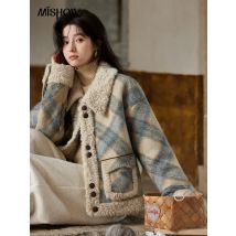 MISHOW Spleißen Fleece Kurzmantel Frauen 2024 Winter Vintage Französisch Plaid Tweed Verdickt Warme Drehen Unten Kragen Jacke MXD55W0574