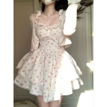 Spitze süße kawaii Kleid Frauen Vintage ärmellose elegante süße Mini kleid weiblichen Druck koreanische Mode Riemen Kleid 2024 Sommer neu