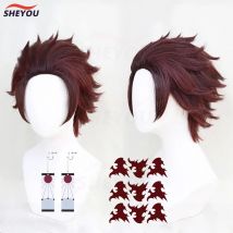 Hochwertige Yaiba Tanjiro Kamado Cosplay Perücke Anime Kurze Kastanie Braun Hitzebeständige Haar Cosplay Kostüm Perücke + Perückenkappe