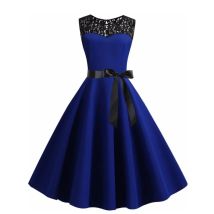 2025 neue Vintage Blau Spitze Patchwork Sommer Kleid Frauen Hohe Taille Elegante Retro Party Kleid Casual Büro Damen Arbeiten Kleid