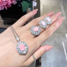 Exquisite luxury Design Jewelry Sets with Pink Quartz Zircon Pendant Necklaces Earrings Silver Color Rings Wedding 3 Piece Set