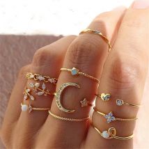 Bohemian Gold Color Chain Rings Set For Women Fashion Boho Moon Heart Butterfly Zircon Rings Party 2022 Trend Jewelry Gift