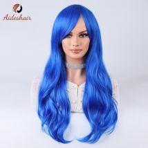 Blue midsection diagonal bangs long curly wig for women Heat resistant fiber synthetic wig Farewell women girls Cosplay party