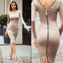 Spring Autumn Sexy Slim Midi Dresses Women Solid Color Backless Zipper Package Hip Slit Dress Trend Hot Girl Party Prom Vestidos