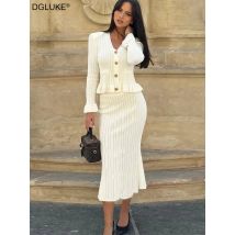 DGLUKE Knitted 2 Pieces Set For Woman Long Sleeve Top And Long Skirt Set 2 Piece Elegant Outfits 2025 New Sweater Matching Sets
