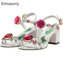 Strass Diamant Ankle Strap Sandalen Frauen Blockabsatz Sexy Offene spitze Gedruckt Blume Echtes